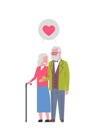 grandparents couple in love, full length avatar on white background, successful family concept, tree of genus flat cartoon design vector illustrationのイラスト素材
