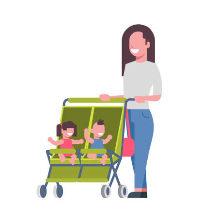 mother baby sister brother twins double stroller full length avatar on white background, successful family concept, flat cartoon vector illustrationのイラスト素材