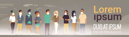 mix race people group in mask over grey smog nature air pollution city landscape atmosphere male...