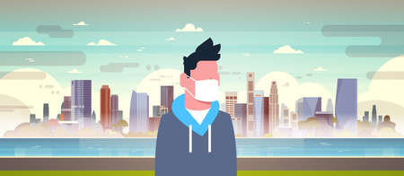 man in mask over nature air pollution city landscape plant pipe dirty waste water polluted environment atmosphere male portrait flat vector illustrationのイラスト素材