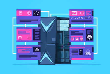 data protection support computing center with hosting servers infographic, network and database,...