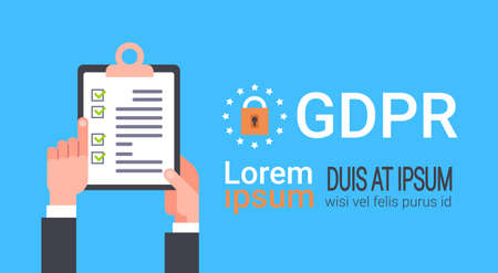 Human hands with checklist and text General Data Protection Regulation. Terms of service. Clipboard with GDPR copy space flat vector illustrationのイラスト素材