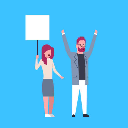 man woman holding empty boards and shouting at the strike action blue background protection of...