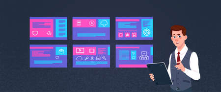 data protection support engineer computing center with hosting servers infographic, network and database, internet center, communication support, flat design vector illustrationのイラスト素材
