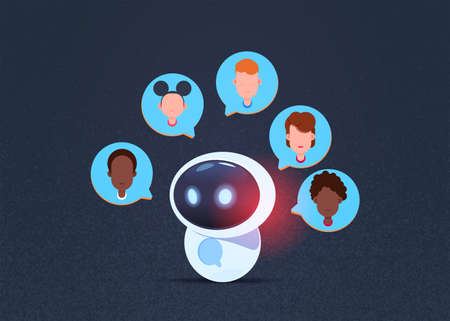 robot mix race chat bubbles, artificial intelligence support virtual assistance of website or mobile applications, data privacy concept flat Vector Illustrationのイラスト素材