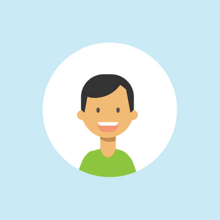cute children face happy boy portrait on blue background, male avatar flat vector illustrationのイラスト素材