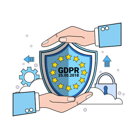 data safety padlock shield protects palms over synchronization General Data Protection Regulation GDPR server security guard on white background copy space flat vector illustrationのイラスト素材