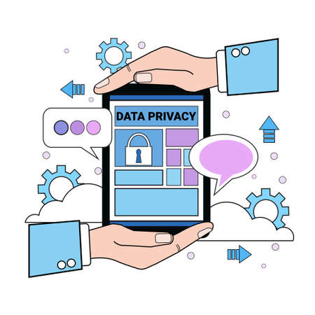 data safety cloud shield tablet protects palms over synchronization General Data Protection Regulation GDPR server security guard on white background flat vector illustrationのイラスト素材