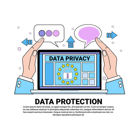 data safety cloud shield laptop protects palms over synchronization General Data Protection Regulation GDPR server security guard on white background flat vector illustrationのイラスト素材