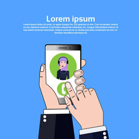 phone application hand hold gudget arab call center headset agent woman bubble client support online operator, customer and technical service icon, chat concept, copy space flat design vector illustrationのイラスト素材