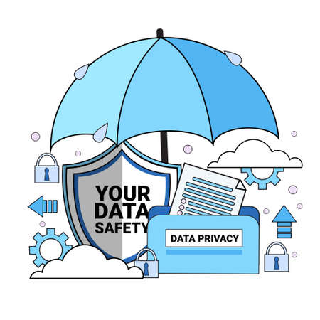 data safety cloud shield folder paper umbrella over synchronization General Data Protection Regulation GDPR server security guard on white background flat vector illustrationのイラスト素材