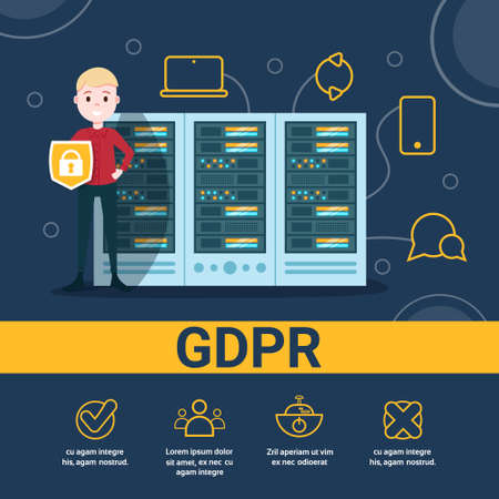 boy with shield on data storage center with hosting servers and staff over blue background, computer technology, network and database, internet center, communication support, flat design vector illustrationのイラスト素材