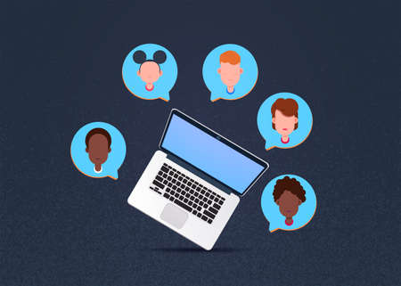 laptop mix race chat bubbles, support virtual assistance of website or mobile applications, data...