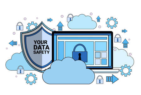 data safety cloud shield tablet padlock over synchronization General Data Protection Regulation GDPR server security guard on white background flat vector illustrationのイラスト素材