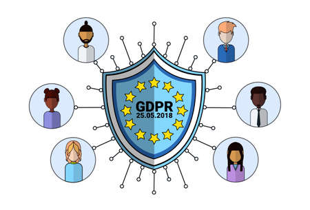 data safety shield support agent icon over General Data Protection Regulation GDPR server security guard on white background flat vector illustrationのイラスト素材