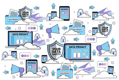 data safety cloud shield tablet padlock over synchronization General Data Protection Regulation GDPR server security guard on white background flat vector illustrationのイラスト素材