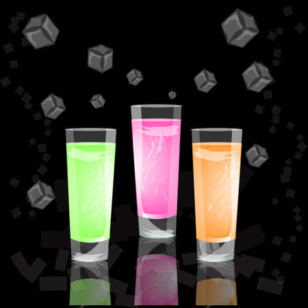 glasses of colorful drinks with ice cubes, set of summer tropical cocktail isolated on black background vector illustrationのイラスト素材