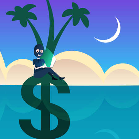 woman black mask laptop hacker attack dollar palm tree grow in ocean sea landscape background offshore concept viruses data privacy attack internet information security flat vector illustrationのイラスト素材