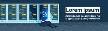 girl black mask hacker attack data privacy over data storage center with hosting servers and staff, computer technology, network and database, internet center, communication support, flat copy space banner vector illustrationのイラスト素材