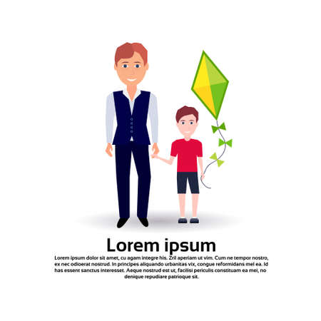 father hold hand son kite full length avatar on white background, successful family concept, flat cartoon vector illustrationのイラスト素材