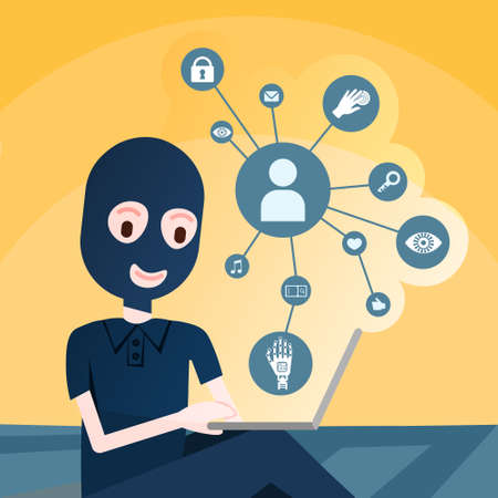 girl hacker black mask over relation diagram diversity icon on yellow background security and protection General Data Protection Regulation GDPR concept flat vector illustrationのイラスト素材