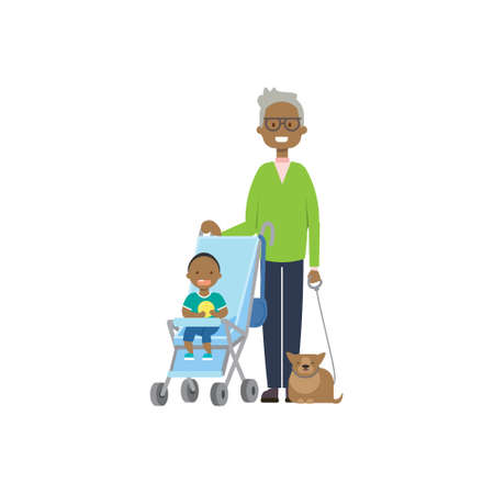 african grandfather with cat and baby grandchildren in stroller, multi generation family, full length avatar on white background, successful family concept, tree of genus flat cartoon design vector illustrationのイラスト素材