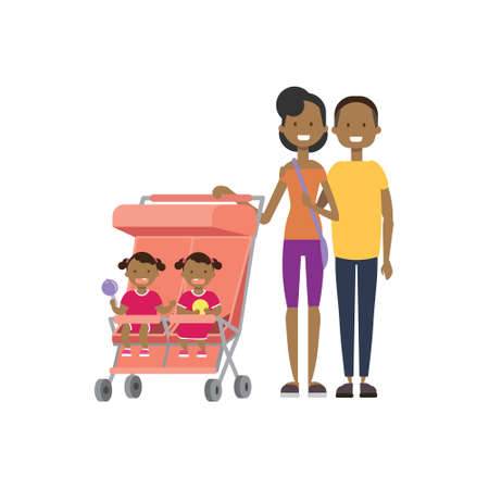 african father mother baby twins double pink stroller full length avatar on white background, successful family concept, flat cartoon vector illustrationのイラスト素材