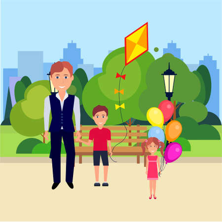 public park father boy hold kite girl with bubbles outdoors wooden bench street lamp green lawn trees on city buildings template background flat vector illustrationのイラスト素材
