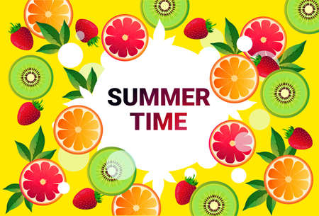 orange, kiwi fruits colorful circle copy space organic over fresh fruits pattern background, vector illustrationのイラスト素材