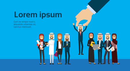 recruitment hand picking arab businessman candidate from arabic people group over blue background, flat, copy space, vector illustrationのイラスト素材