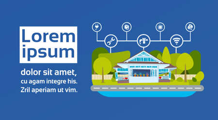 smart house green energy technology system centralized control of lighting, heating, ventilation and air conditioning, electricity, internet. smart home concept, flat, copy space, vector illustrationのイラスト素材