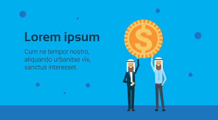 two arab businessman leader hold dollar coin, money accumulation concept over blue background, flat, copy space vector illustrationのイラスト素材