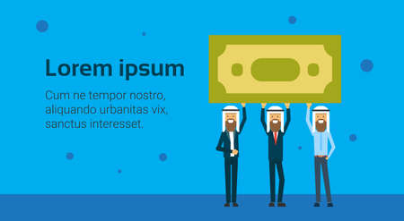 arab businessman group leader hold money bill, dollar banknote, team success concept over blue background, flat, copy space vector illustration vector illustrationのイラスト素材
