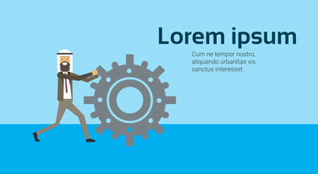 arabic businessman rolling cog wheels hard working process, successful arab business man success teamwork concept copy space flat banner vector illustrationのイラスト素材