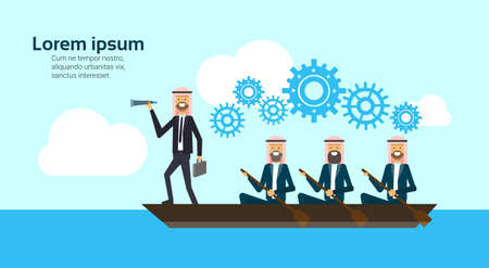 arab business group on boat with team leader looking straight with binocular, processing working success business concept, copy space, flat vector illustrationのイラスト素材