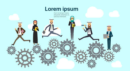 arabic business team work processing cog wheel on different poses, successful arab business group...