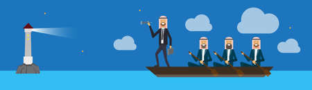 arab business group on boat with team leader looking straight with binocular on lighthouse, success business concept, copy space, flat vector illustrationのイラスト素材