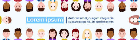 set mix race boy girl character serious male female different suit template for design work and animation on white background, portrait, flat person copy space vector illustrationのイラスト素材