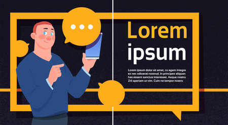man using chat bubbles send message , boy hold phone, support virtual assistance of website or mobile applications, chat messenger concept flat Vector Illustrationのイラスト素材