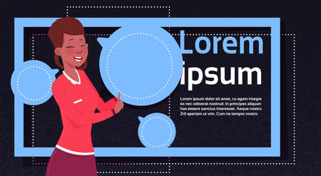 woman using chat messenger, girl hold bubbles, support virtual assistance of website or mobile applications, chat communication concept flat Vector Illustrationのイラスト素材