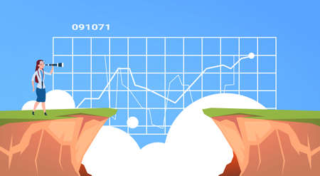 Businesswoman looking straight with binocular on business diagram over abyss mountain risk assessment concept, flat vectorのイラスト素材