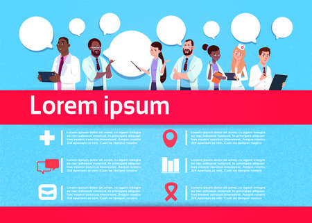 creative infographic mixrace doctor chat communication hospital medical team on blue background medic relationship concept, flat vector illustrationのイラスト素材