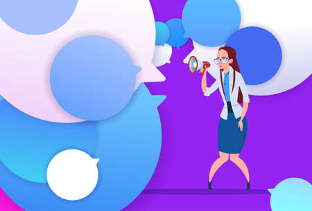 profile businesswoman hold megaphone new idea chat support over bubbles backgroung female emotion avatar, woman cartoon icon full length flat vector illustrationのイラスト素材