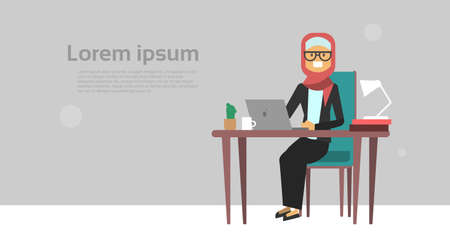 arab businesswoman sitting at office desk hold laptop, business woman hard working process concept, banner, flat vector illustrationのイラスト素材