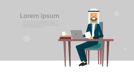 arab businessman sitting at office desk hold laptop, business man cofee break concept, flat vector illustrationのイラスト素材