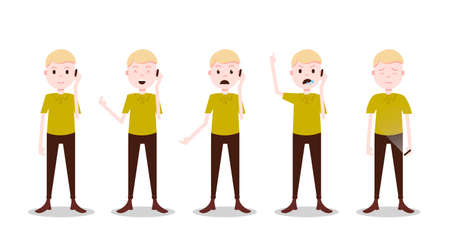 set teen boy character different poses and emotions phone call male template for design work and animation on white background full length flat person, vector illustrationのイラスト素材