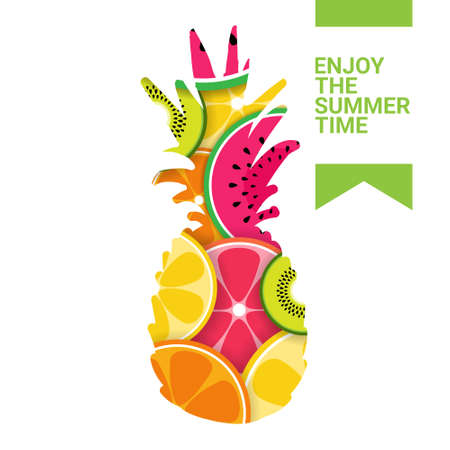 tropical pineapple fruits colorful enjoy summer organic over white background healthy lifestyle or diet concept copy space vector illustrationのイラスト素材