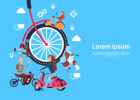 bicycle wheels people on scooter, teamwork process concept, modern effective database support process, rotation concept. processing innovation spin the cog wheel gear mechanism workload icon, flat, vector illustrationのイラスト素材