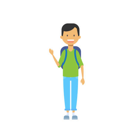 casual schoolboy with backpack and copybook, happy school pupil full length avatar on white background, successful study concept, flat cartoon design vector illustrationのイラスト素材