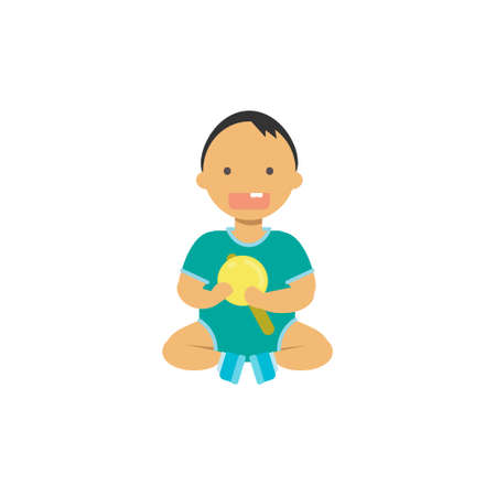 little baby boy hold toy rattle , happy children full length avatar on white background, successful kindergarten concept, flat cartoon design vector illustrationのイラスト素材
